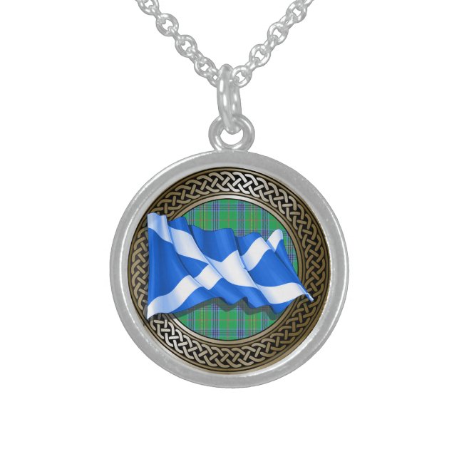 Clan Kennedy Tartan Knot & Flag Sterling Silver Necklace (Front)