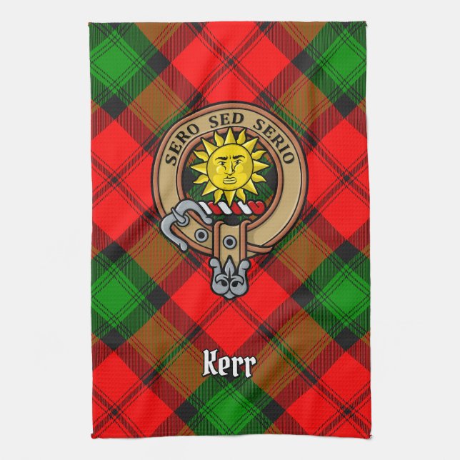 Clan Kerr Crest over Tartan Kitchen Towel (Vertical)