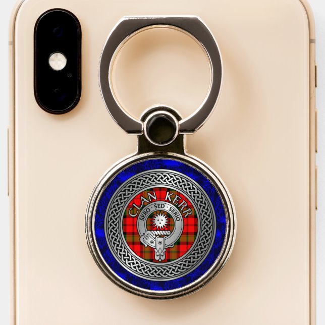 Clan Kerr Crest & Tartan Knot Phone Ring Stand (Close Up)