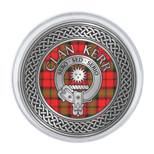 Clan Kerr Crest & Tartan Knot Silver Finish Lapel Pin (Front)