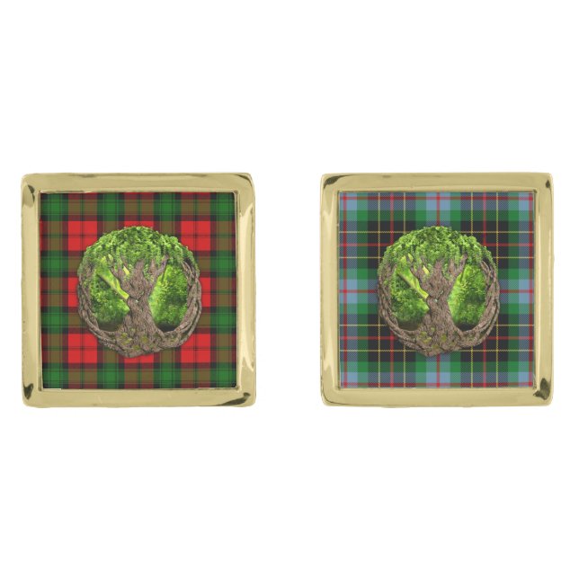 Clan Kerr Tartan And Celtic Tree Of Life Gold Cufflinks (Front)