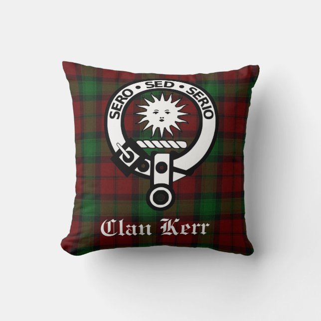 Clan Kerr Tartan and Crest Badge Throw Pillow (Front)