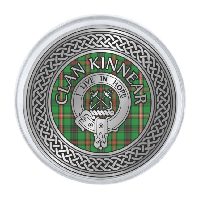 Clan Kinnear Crest & Tartan Knot Silver Finish Lapel Pin (Front)