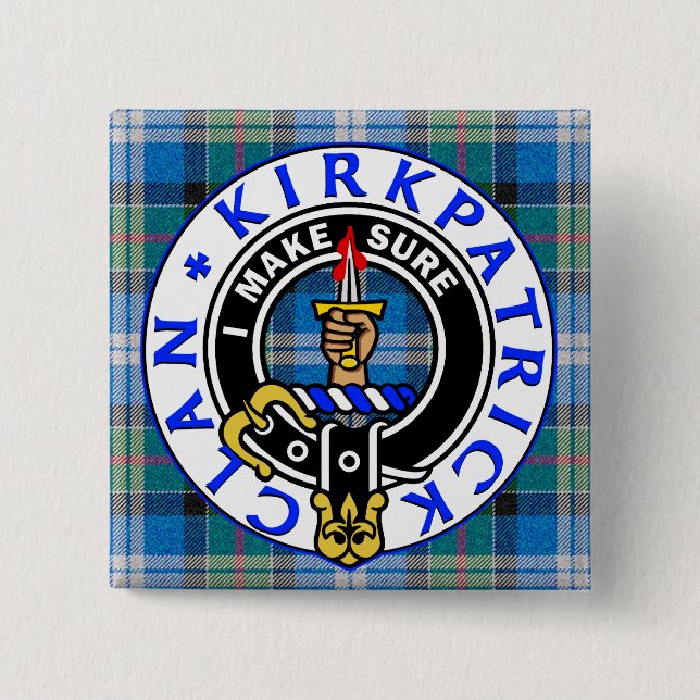 CLAN KIRKPATRICK CREST on TARTAN SQUARE Button (Front)