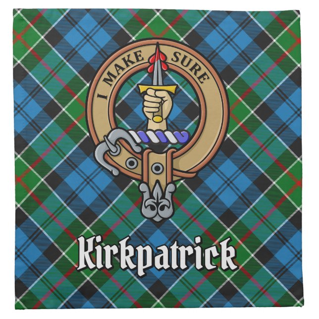 Clan Kirkpatrick Crest over Tartan Cloth Napkin (Front)