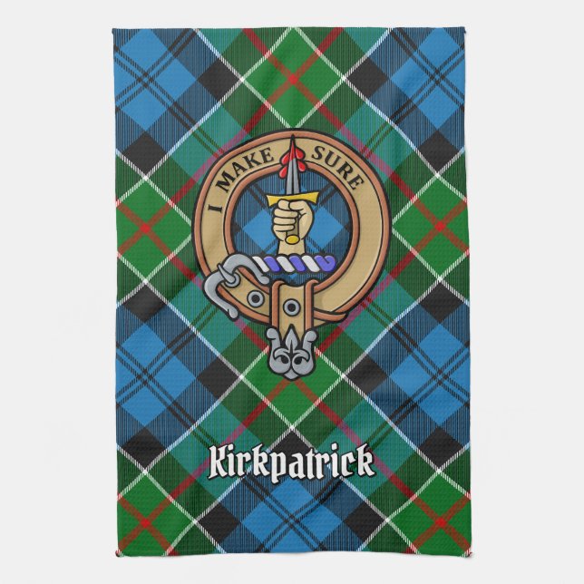 Clan Kirkpatrick Crest over Tartan Kitchen Towel (Vertical)