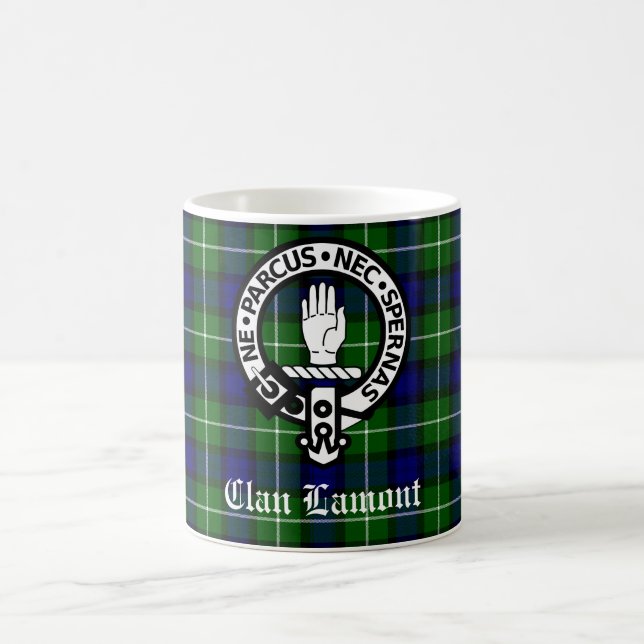 Clan Lamont Crest Badge and Tartan Coffee Mug (Center)