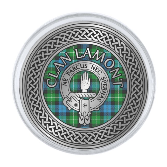 Clan Lamont Crest & Tartan Knot Silver Finish Lapel Pin (Front)