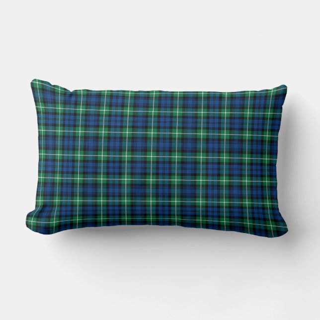 Clan Lamont Tartan Royal Blue and Green Plaid Lumbar Pillow (Front)