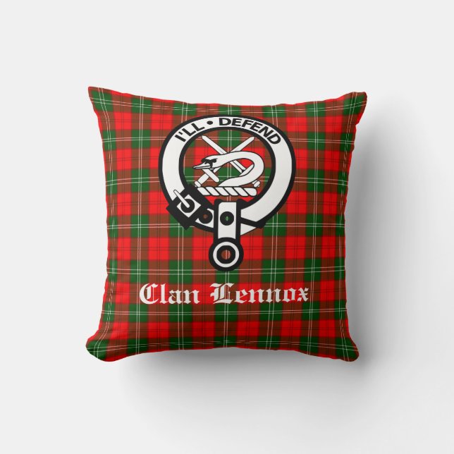 Clan Lennox Crest Badge & Tartan Throw Pillow (Front)