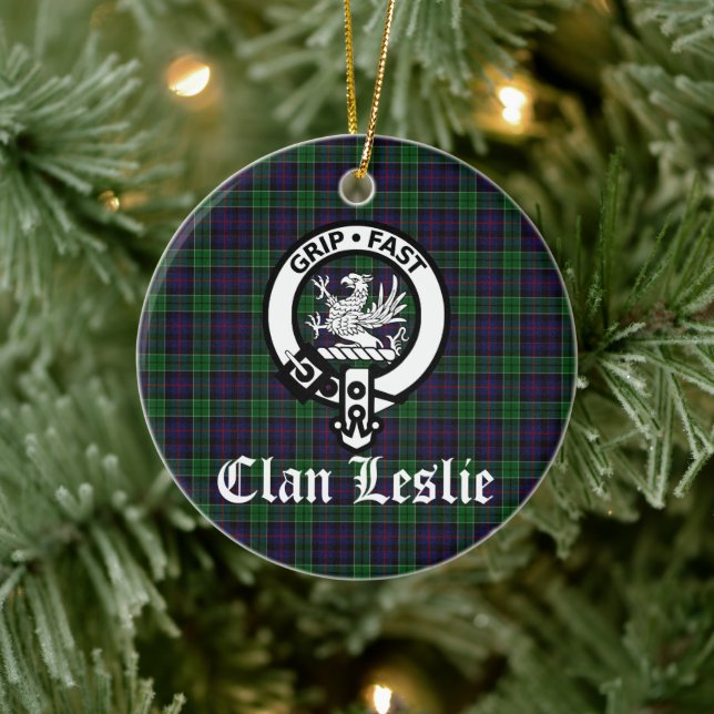 Clan Leslie Crest Badge and Tartan Ceramic Ornament (Tree)
