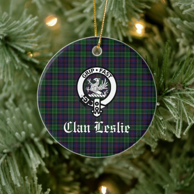 Clan Leslie Crest Badge and Tartan Customizable Ceramic Ornament (Tree)