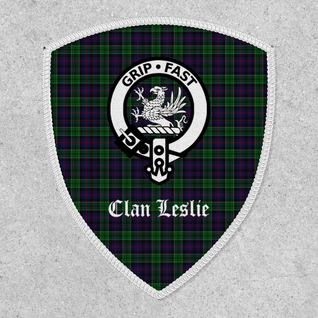 Clan Leslie Crest Badge and Tartan Iron On Patch (Front)