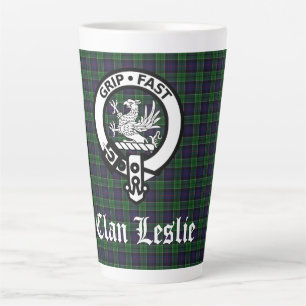 Clan Leslie Crest Badge and Tartan Latte Mug
