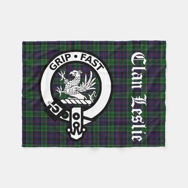 Clan Leslie Crest Badge & Tartan Fleece Blanket (Front (Horizontal))