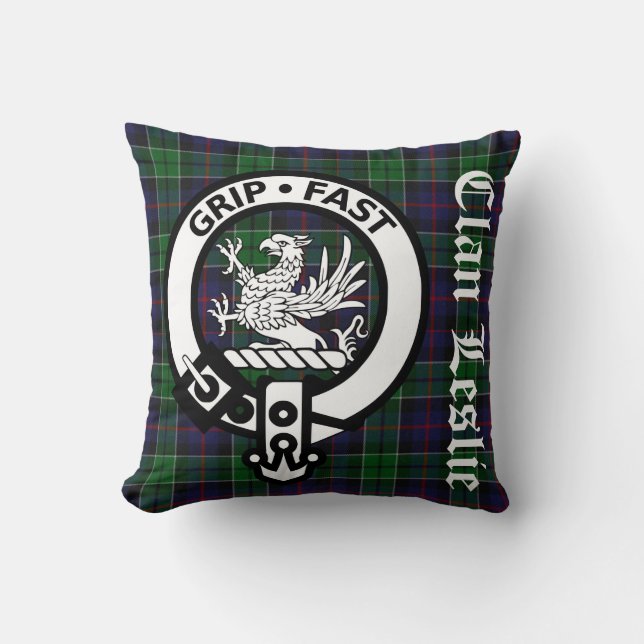 Clan Leslie Crest Badge & Tartan Throw Pillow (Front)