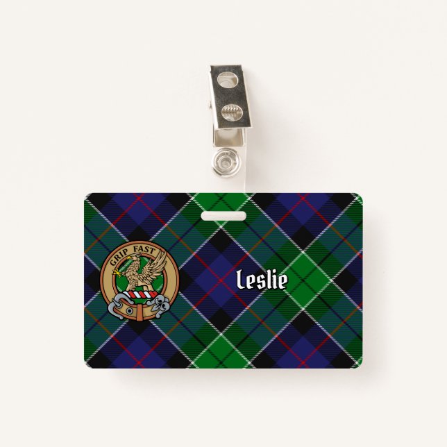 Clan Leslie Crest over Hunting Tartan Badge (Front with Clip)