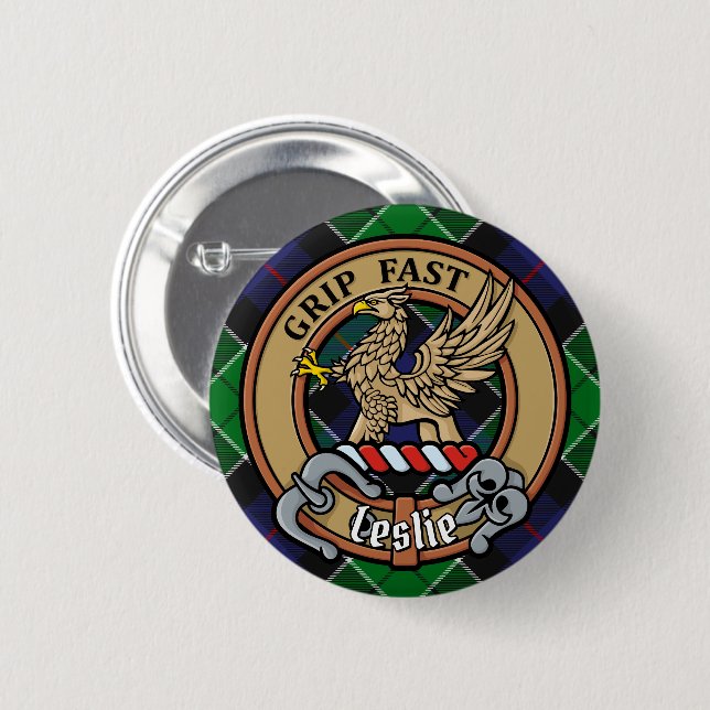 Clan Leslie Crest over Hunting Tartan Button (Front & Back)