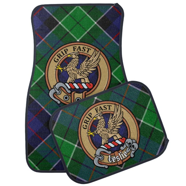 Clan Leslie Crest over Hunting Tartan Car Floor Mat (Set)