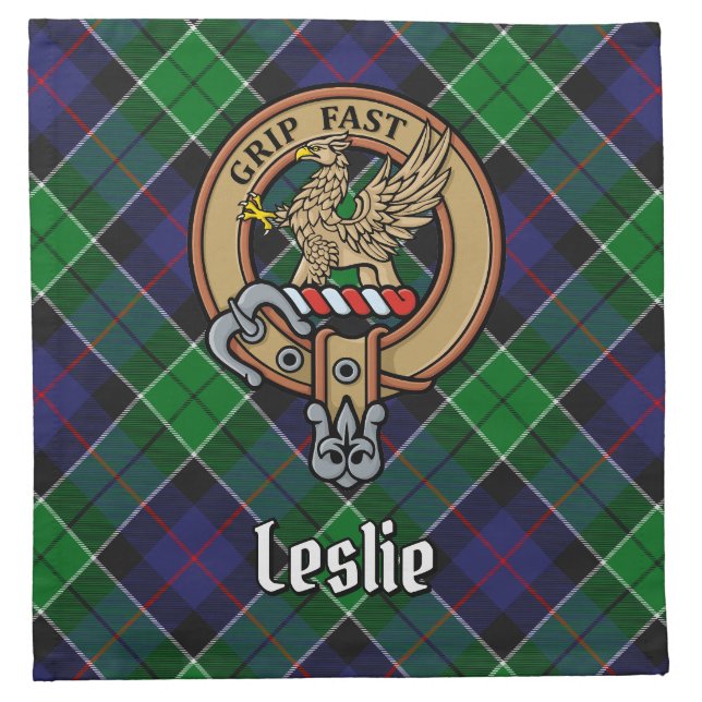 Clan Leslie Crest over Hunting Tartan Cloth Napkin (Front)