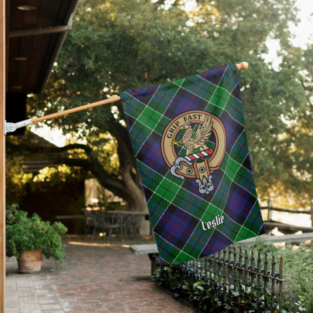 Clan Leslie Crest over Hunting Tartan House Flag (In SItu)