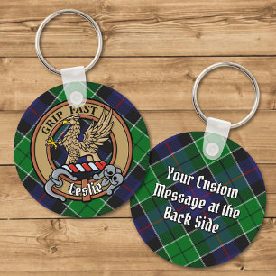 Clan Leslie Crest over Hunting Tartan Keychain