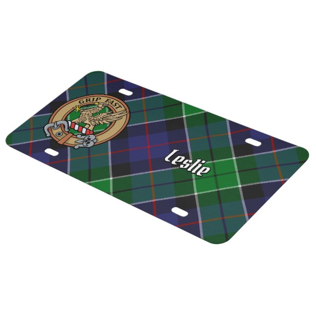 Clan Leslie Crest over Hunting Tartan License Plate (Side)