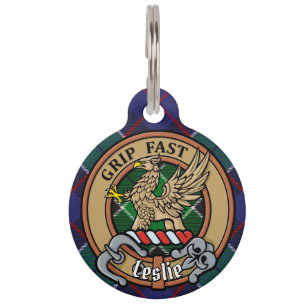 Clan Leslie Crest over Hunting Tartan Pet ID Tag