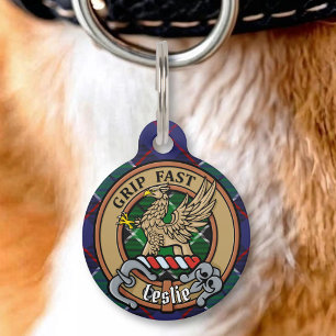 Clan Leslie Crest over Hunting Tartan Pet ID Tag