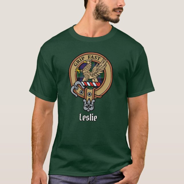 Clan Leslie Crest over Hunting Tartan T-Shirt (Front)