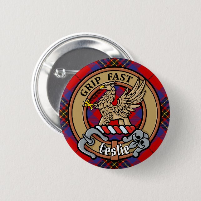 Clan Leslie Crest over Red Tartan Button (Front & Back)