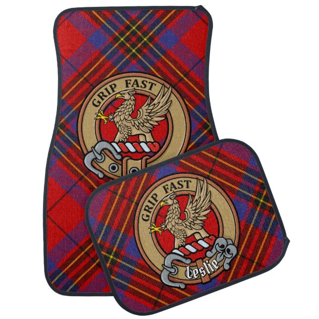 Clan Leslie Crest over Red Tartan Car Floor Mat (Set)