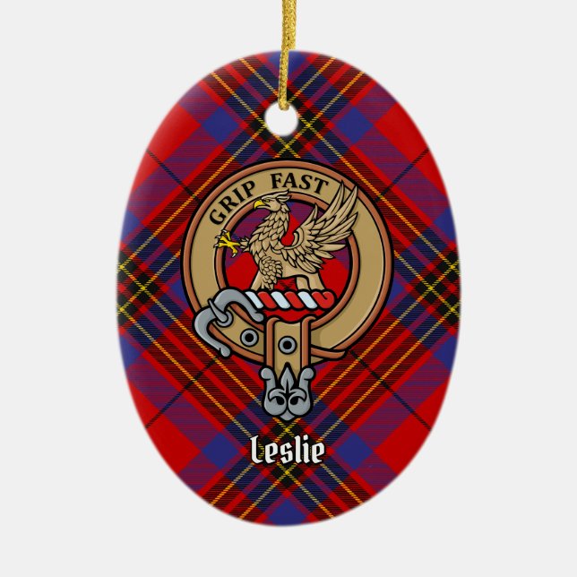 Clan Leslie Crest over Red Tartan Ceramic Ornament (Front)