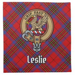 Clan Leslie Crest over Red Tartan Cloth Napkin