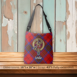 Clan Leslie Crest over Red Tartan Crossbody Bag