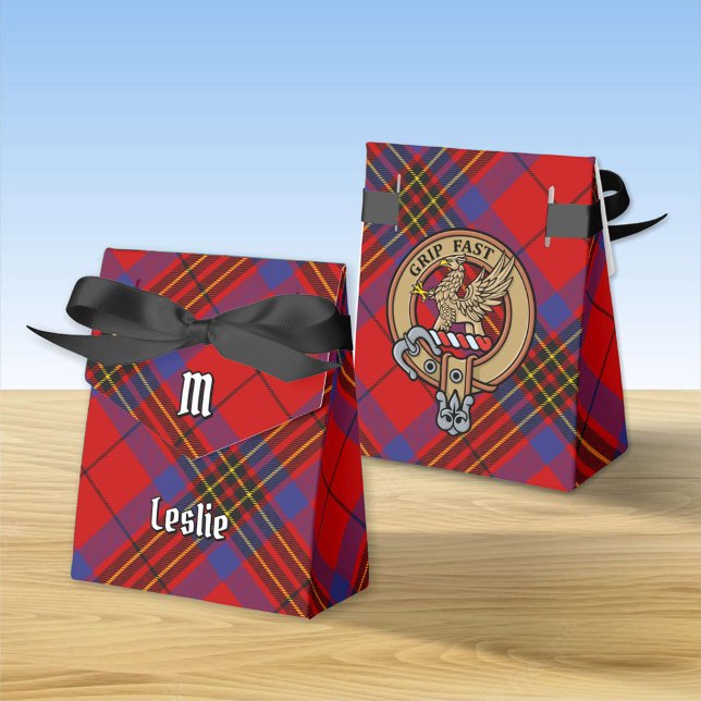 Clan Leslie Crest over Red Tartan Favor Boxes (Creator Uploaded)