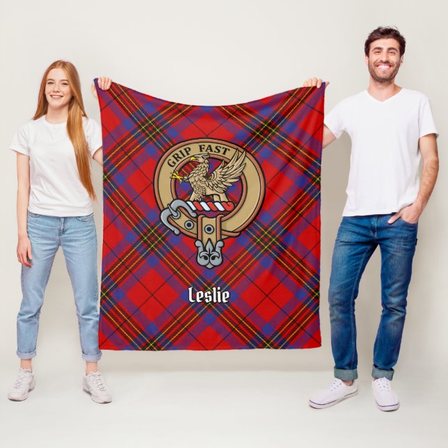 Clan Leslie Crest over Red Tartan Fleece Blanket (In Situ)