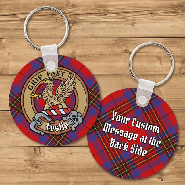 Clan Leslie Crest over Red Tartan Keychain (Creator Uploaded)