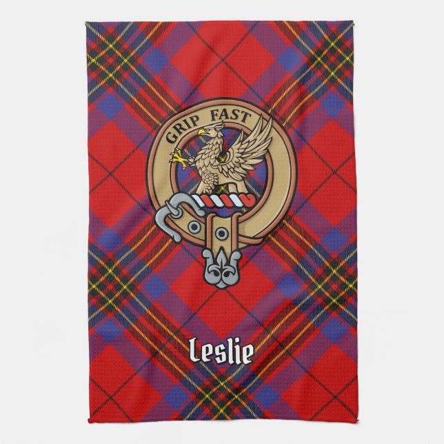 Clan Leslie Crest over Red Tartan Kitchen Towel (Vertical)