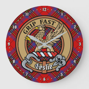 Clan Leslie Crest over Red Tartan Large Clock