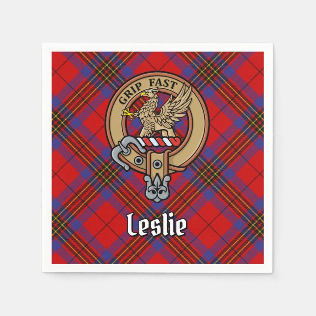 Clan Leslie Crest over Red Tartan Napkins (Front)