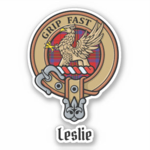 Clan Leslie Crest over Red Tartan Sticker