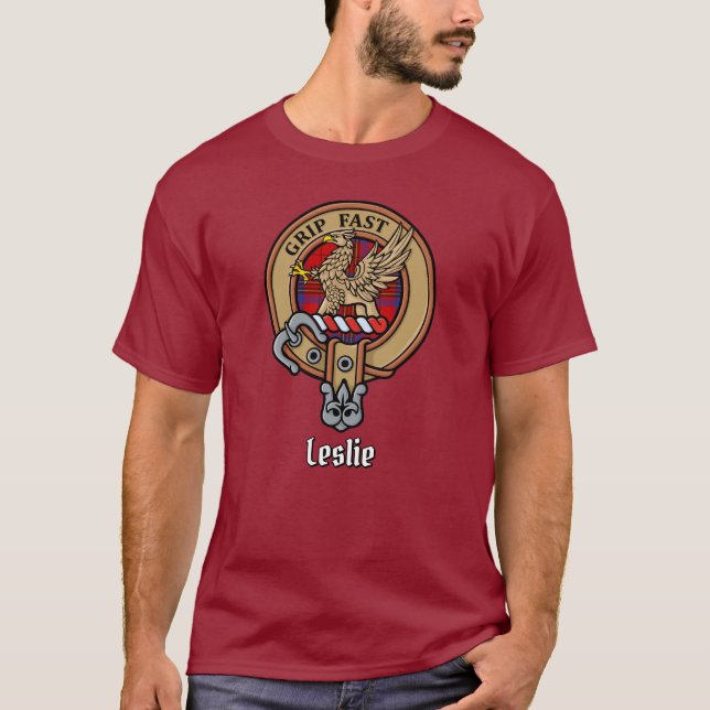 Clan Leslie Crest over Red Tartan T-Shirt (Front)