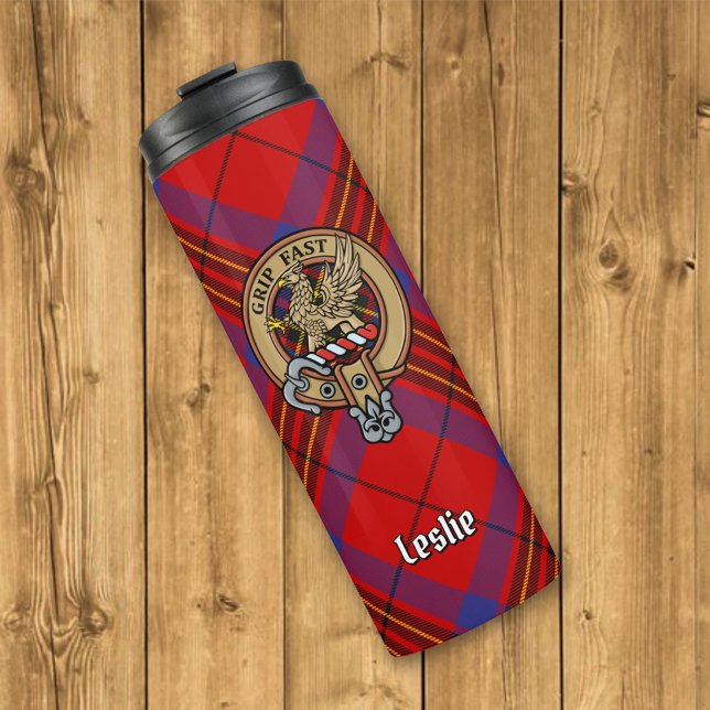 Clan Leslie Crest over Red Tartan Thermal Tumbler (Creator Uploaded)