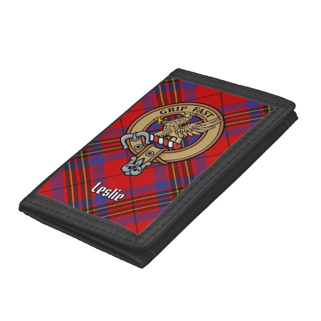 Clan Leslie Crest over Red Tartan Trifold Wallet (Bottom)