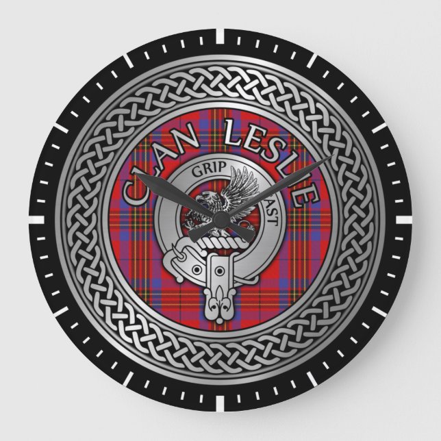Clan Leslie Crest & Tartan Knot Large Clock (Front)