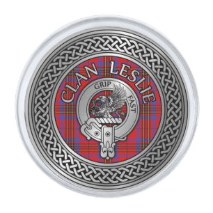Clan Leslie Crest & Tartan Knot Silver Finish Lapel Pin