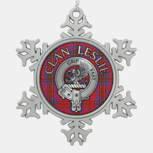 Clan Leslie Crest & Tartan Snowflake Pewter Christmas Ornament