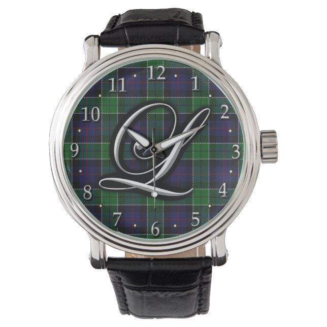 Clan Leslie Letter L Monogram Hunting Tartan Watch (Front)