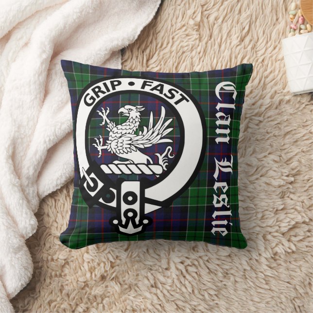 Clan Leslie Tartan & Crest Throw Pillow (Blanket)